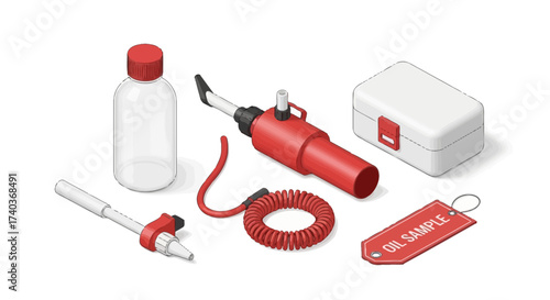 Isometric Illustration of Oil Sampling Tools Arranged on White Backdrop