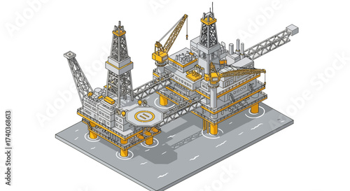 Isometric offshore drilling platform depiction with detailed architectural features