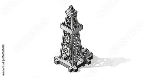 Isometric rendition of an oil rig, detailed design suitable for industrial use