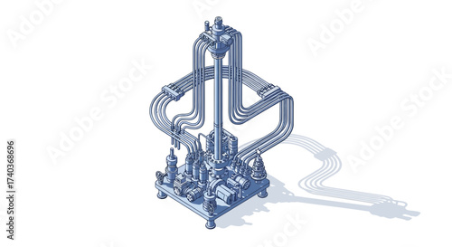 Isometric representation of intricate industrial equipment with clean design