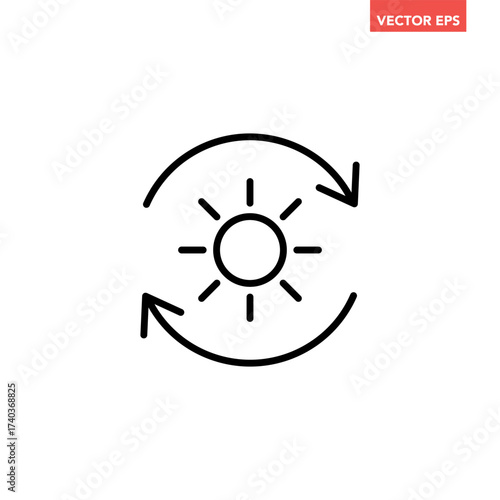 Black single sustainable sun energy line icon, simple solar energy conversion flat design infographic pictogram vector for app logo ads web button ui ux interface elements isolated on white background