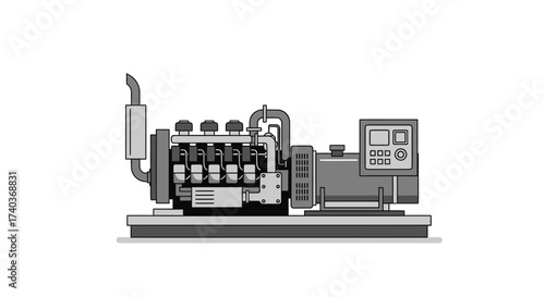 Monochrome Engine Illustration Representing Industrial Power Generation