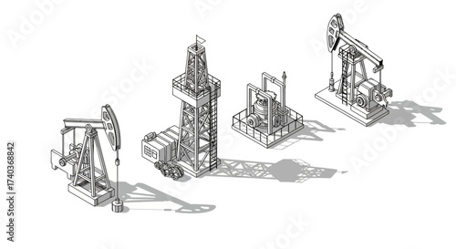 Monochrome Isometric Oilfield Machinery Illustration with Shadow Detail