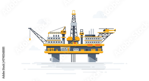 Offshore Platform Vector Illustration with Helicopter on a White Background