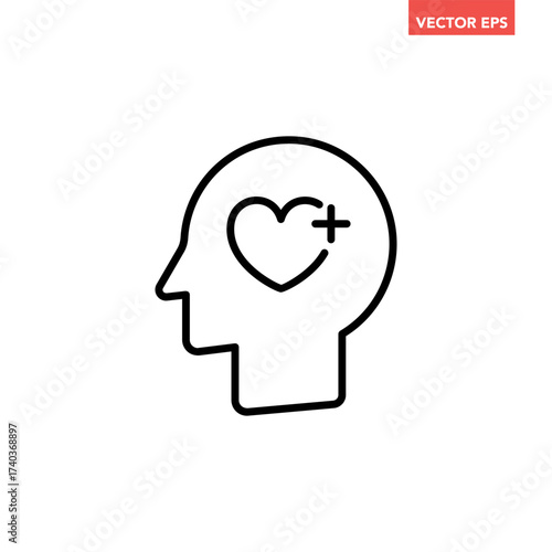 Black single mental health line icon, simple wellbeing psychology head flat design vector pictogram, infographic interface elements for app logo web button ui isolated on white background