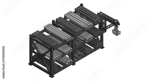 Storage of tubes in a rack with a crane for loading and unloading work