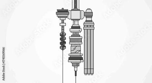 Stylized drilling rig illustration in monochrome tones, drilling equipment