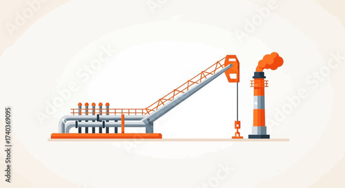 Stylized Flat Illustration of Industrial Complex with Crane and Chimney