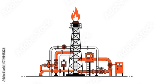 Stylized Vector Illustration of an Oil Rig with Flame Emissions