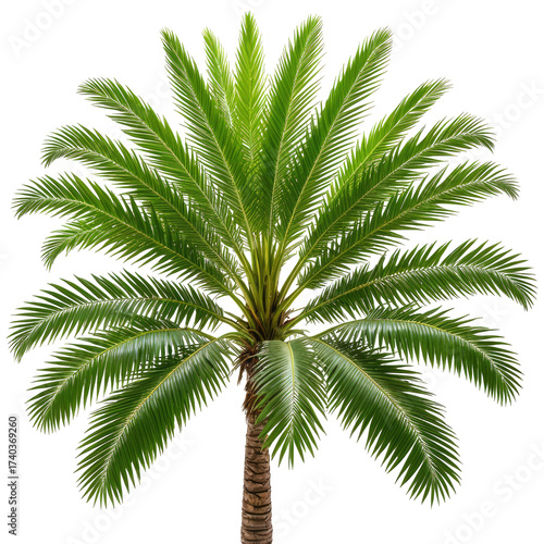 Lush, green palm tree with textured trunk against a dark background