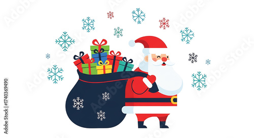 Flat design illustration of Santa Claus with a gift sack and snowflakes, symbolizing Christmas joy and holiday spirit