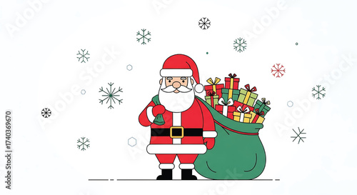 Santa Claus with a bag of gifts in a winter scene with snowflakes falling around him