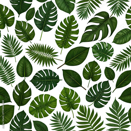 Lush, textured green tropical foliage on black background