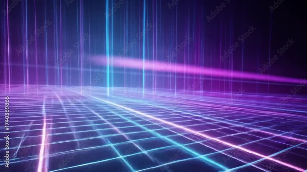 custom made wallpaper toronto digitalAbstract glowing neon grid background with vibrant blue and purple light beams. Futuristic digital technology concept for virtual reality.