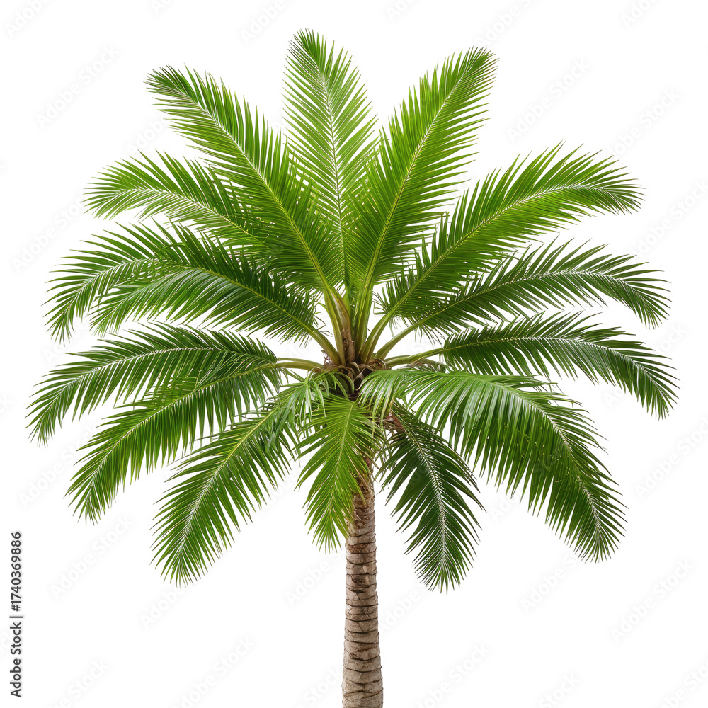 Fototapeta premium Lush, vibrant palm tree against a black background. Detailed fronds. Tropical beauty