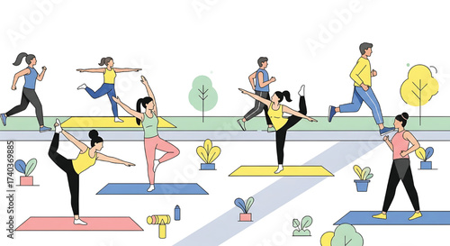 Diverse individuals enjoying various fitness activities outdoors in a vibrant park setting, promoting a healthy and active lifestyle with yoga, running, and stretching for overall well-being