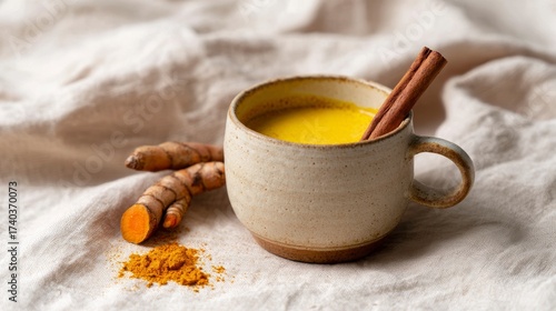A Warm Mug of Golden Turmeric Latte Showcasing the Richness of Spices with Cinnamon Sticks and Fresh Turmeric Root on a Soft Neutral Fabric Background