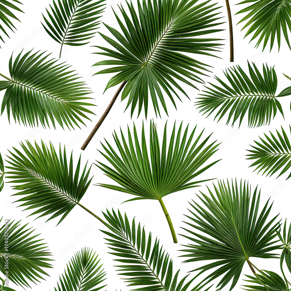 Obraz premium Vivid green palm leaves scattered on a dark, seamless background. Tropical foliage