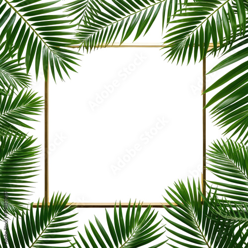 Green palm leaves frame a gold square on black, perfect for display