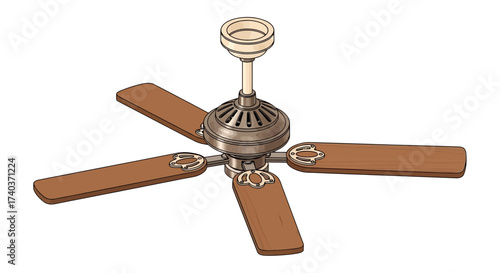 Classic ceiling fan with five wooden blades showcasing vintage design
