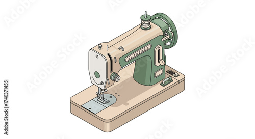 Illustrated retro sewing machine, vintage aesthetic tailoring tool