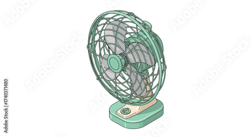 Illustration of a retro-styled pastel green electric fan on white backdrop