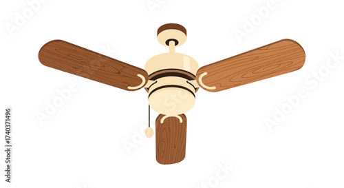 Illustration of ceiling fan with three wooden blades on white backdrop