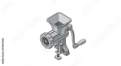 Isometric illustration of a vintage manual meat grinder on a white background