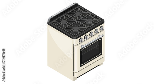 Isometric Illustration of a Vintage-Style Cream-Colored Gas Range Stove
