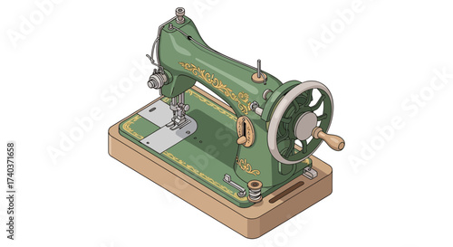 Isometric illustration of an ornate vintage green sewing machine icon