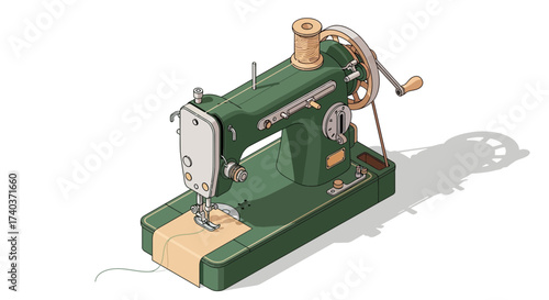 Isometric illustration of an old sewing machine on a white background