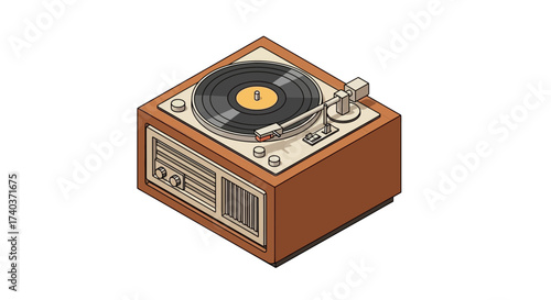 Isometric Illustration of Retro Style Record Player and Radio Unit