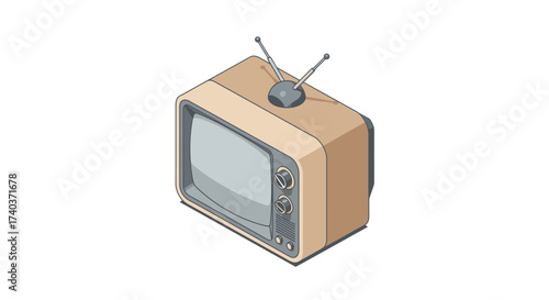 Isometric Illustration of Retro Television Set with Antenna on White Background