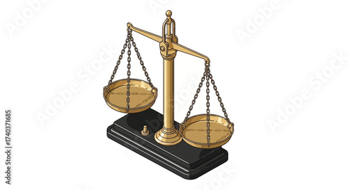 Isometric Illustration of Traditional Golden Justice Scale on White Backdrop