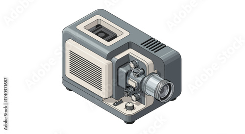 Isometric illustration of vintage movie projector in retro aesthetic