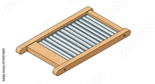 Isometric illustration of vintage corrugated metal washboard design