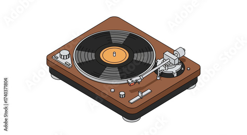 Isometric vintage record player illustration for audiophile music culture