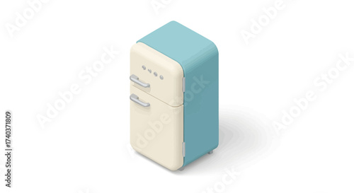 Isometric vintage refrigerator, kitchen appliance in retro style design