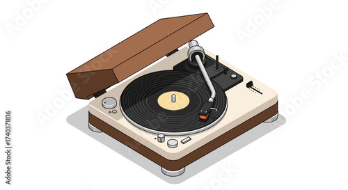 Isometric vintage turntable illustration with retro charm and classic design