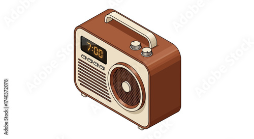 Retro-Styled Isometric Radio Illustration with Digital Clock Display