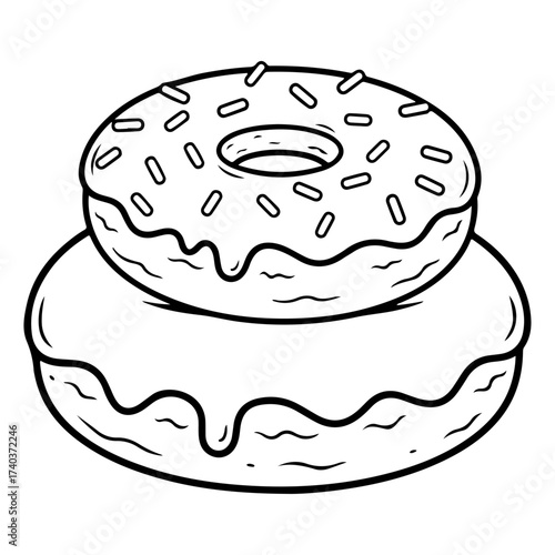 Simple minimal vector art line of two donuts doodle children storybook style on transparent background.