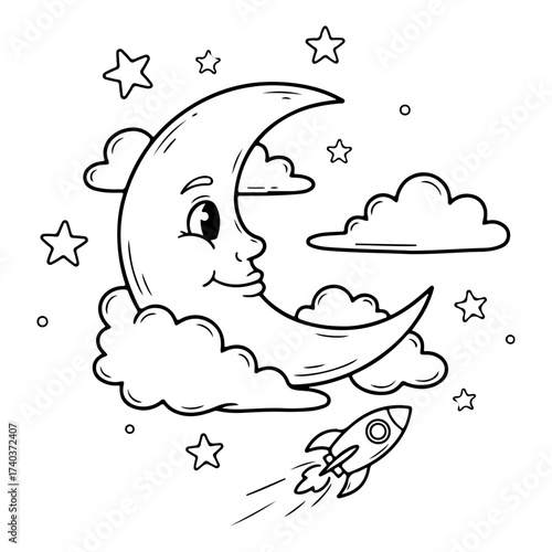 Simple minimal vector art line of doodle moon in children's storybook style on transparent background.