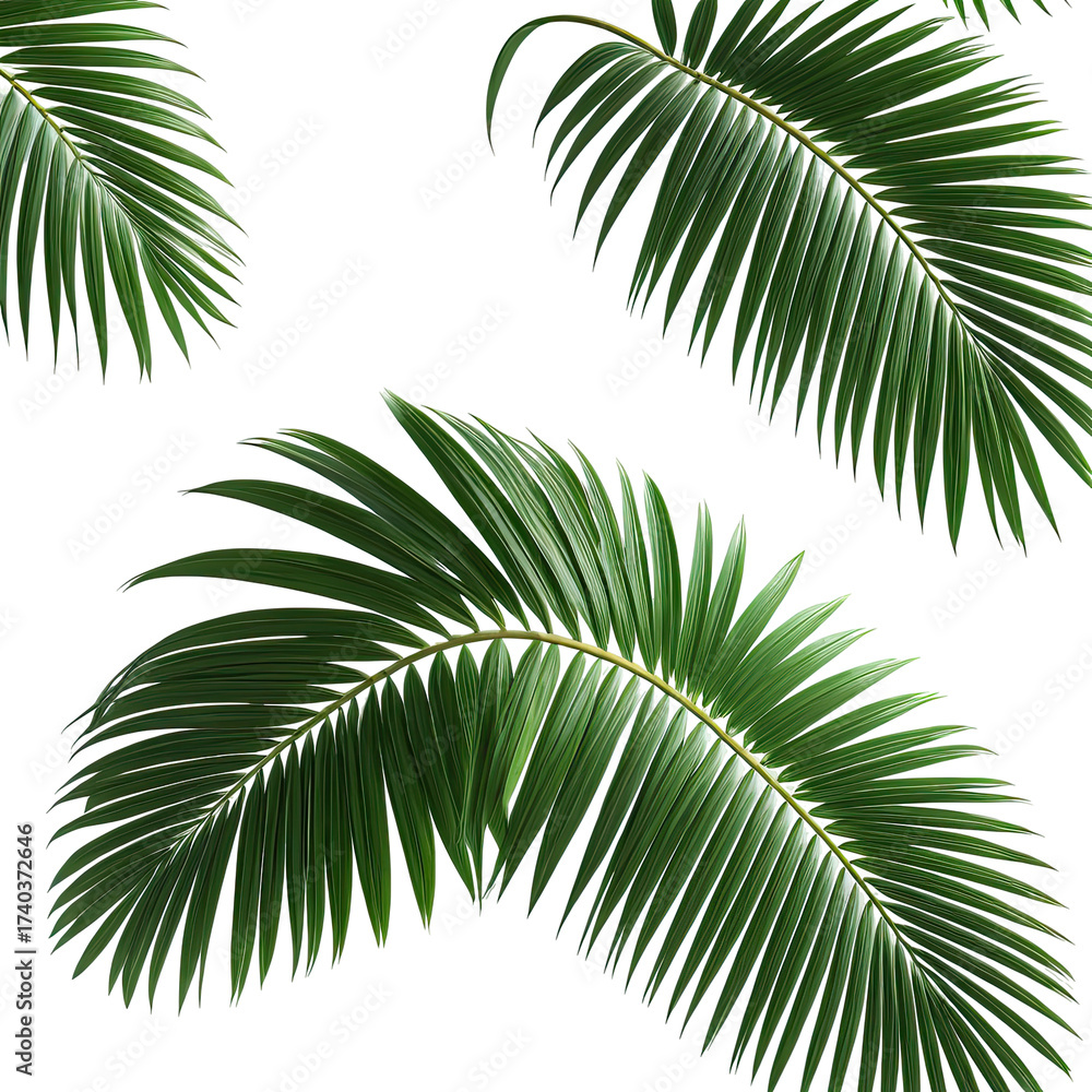 Fototapeta premium Lush green palm fronds on a black background. Detailed leaf textures