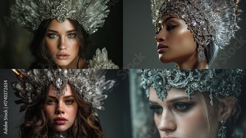 Four portraits of women, each adorned with elaborate, crystalline headpieces, evoking a regal aura
