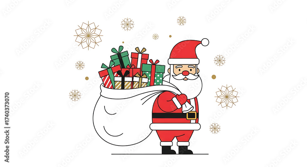 Obraz premium Festive cartoon illustration of a cheerful Santa Claus character holding a large sack filled with wrapped holiday gifts and presents