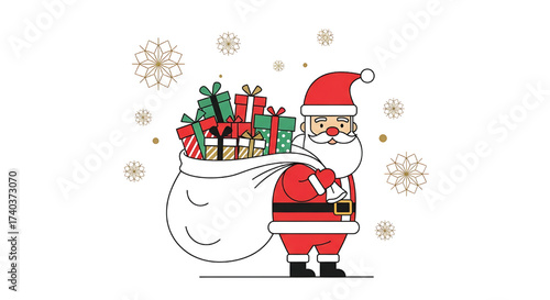 Festive cartoon illustration of a cheerful Santa Claus character holding a large sack filled with wrapped holiday gifts and presents