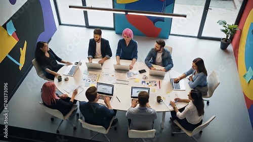 Diverse Team Collaborative Meeting Around Large Table with Digital Devices in Modern Office Space