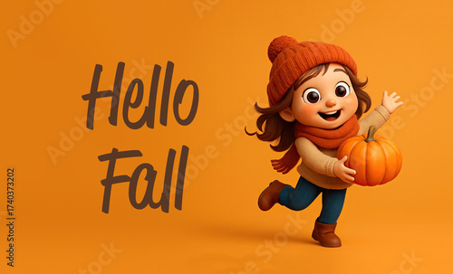 Cute Cartoon Woman in a Hat and Scarf Holding a fall Pumpkin with The Words Hello Fall