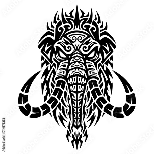 Tribal Black and White Mammoth Head Illustration – Fierce Symmetrical Tattoo Design