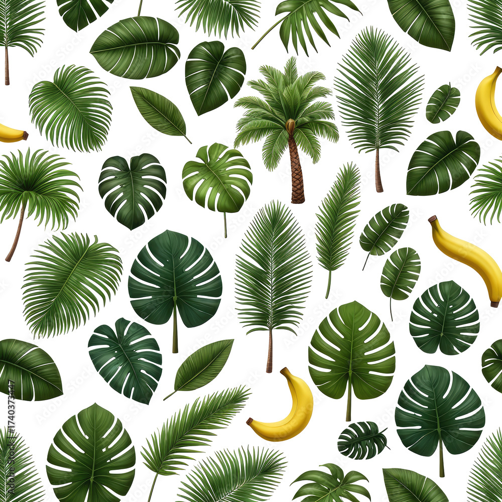 Fototapeta premium Tropical foliage pattern with bananas. Green leaves on black background